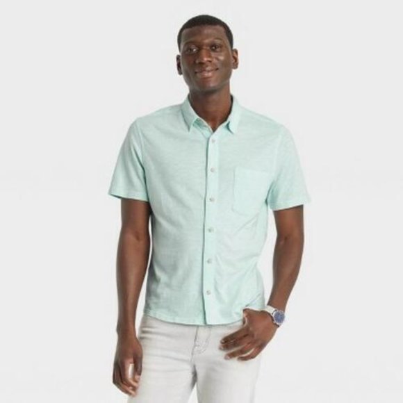 Men's Medium Short Sleeve Button-Down Shirt - Goodfellow & Co Aqua Green - Picture 2 of 2